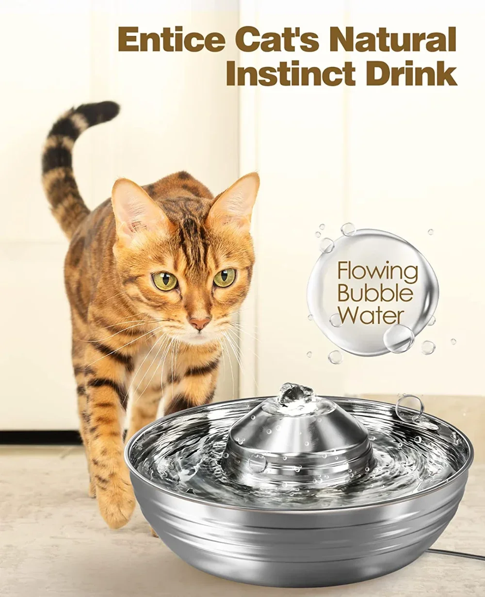 Fuente de agua para gatos de acero inoxidable de 2L para múltiples mascotas, silenciosa, de poco ruido, dispensador de agua para perros, alimentador para gatos y perros - imagen 2