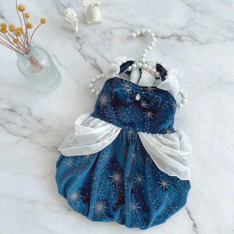 Falda estrellada azul profundo Ins para mascotas, Otoño/Invierno, ropa cálida para perros y gatos, falda gruesa de princesa de terciopelo para perros, vestidos para cachorros, ropa para mascotas - imagen 4