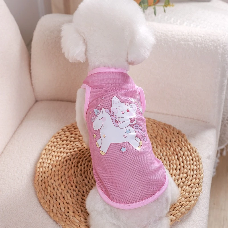 Chaleco de malla de dibujos animados para perros pequeños y medianos, monos de verano transpirables Unisex para Gato, protector solar para exteriores, monos para gato Bulldog Francés - imagen 4