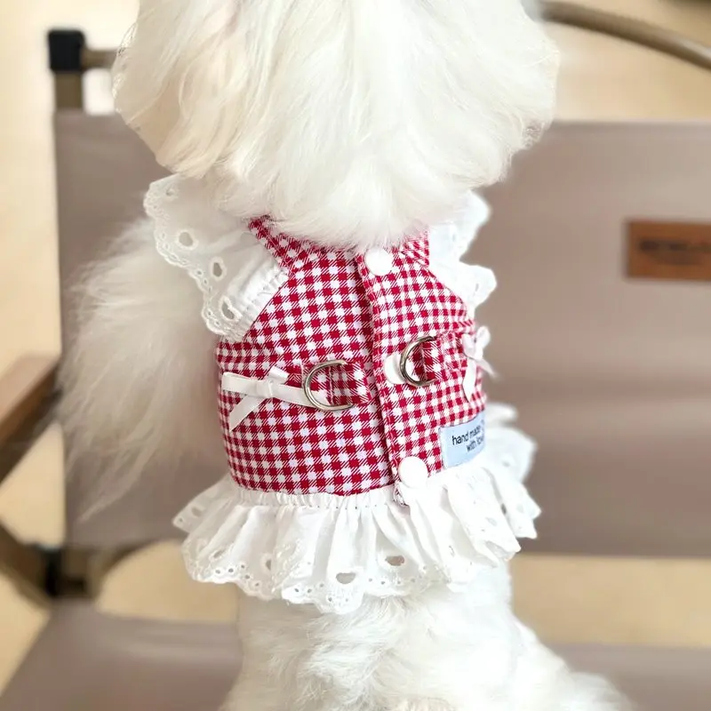 Vestido con tirantes para perros, ropa a la moda para perros pequeños, falda bonita a cuadros para cachorros, lazo de encaje, vestido de princesa para gatos, disfraces para mascotas Chihuahua - imagen 4