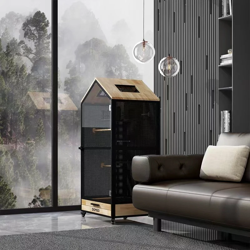 Jaula panorámica para loros y Villa pequeña para mascotas, madera maciza de lujo, casa ecológica para pájaros, casa Totoro - imagen 3