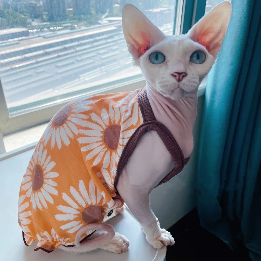 Chaleco fino de algodón de verano para gato sin pelo, falda camisola de estilo rústico Floral azul dulce para gato Sphynx, mono suave para gatitos - imagen 5