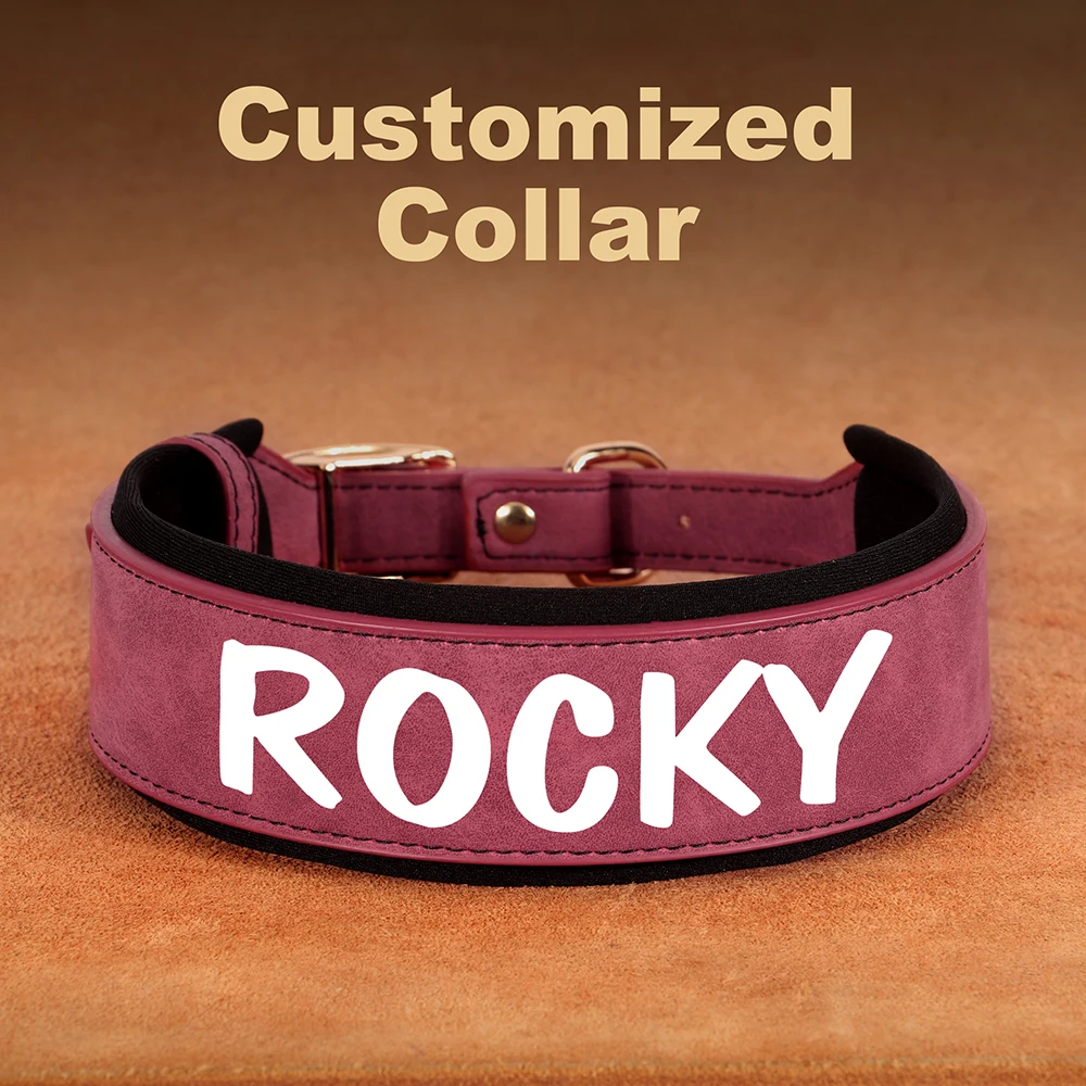 Collar de perro de cuero PU personalizado, collares de identificación de mascotas acolchados anchos, collares con nombre de perros con estampado gratuito para perros pequeños, medianos y grandes - imagen 2