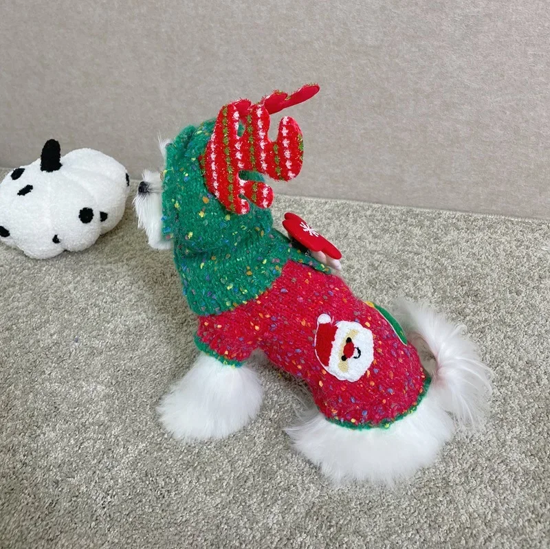 Suéter navideño para mascotas, bonito con cubierta para cabeza de bola de piel, chaleco de punto cálido para otoño e invierno, abrigo de oso Schnauzer, ropa para cachorros - imagen 2