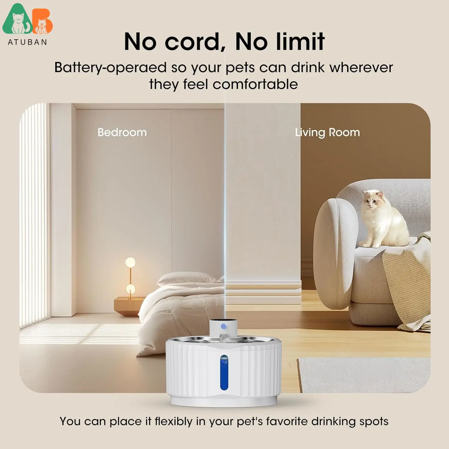 ATUBAN Fuente de agua inalámbrica para gatos, fuente de agua para mascotas con pilas de 95 oz/2,8 L para fuente de agua automática para perros, bomba silenciosa