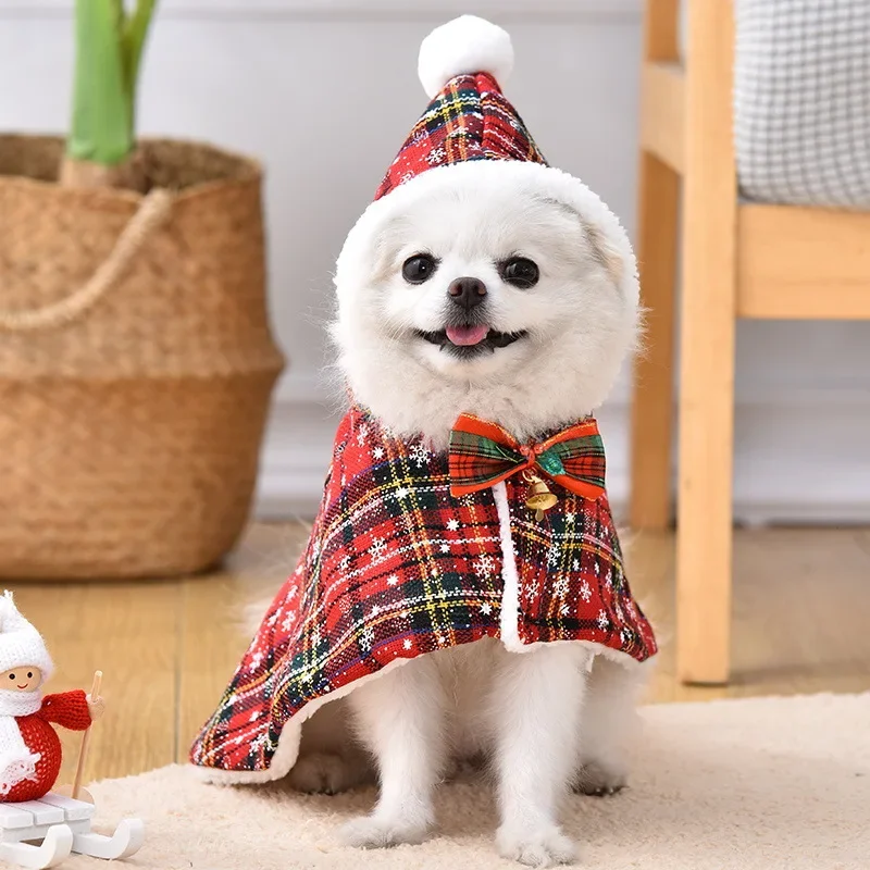 Abrigo rojo a cuadros para mascotas, traje de Navidad para perros transformados en gato, capa de felpa navideña, ropa para perros pequeños, ropa para cachorros - imagen 2