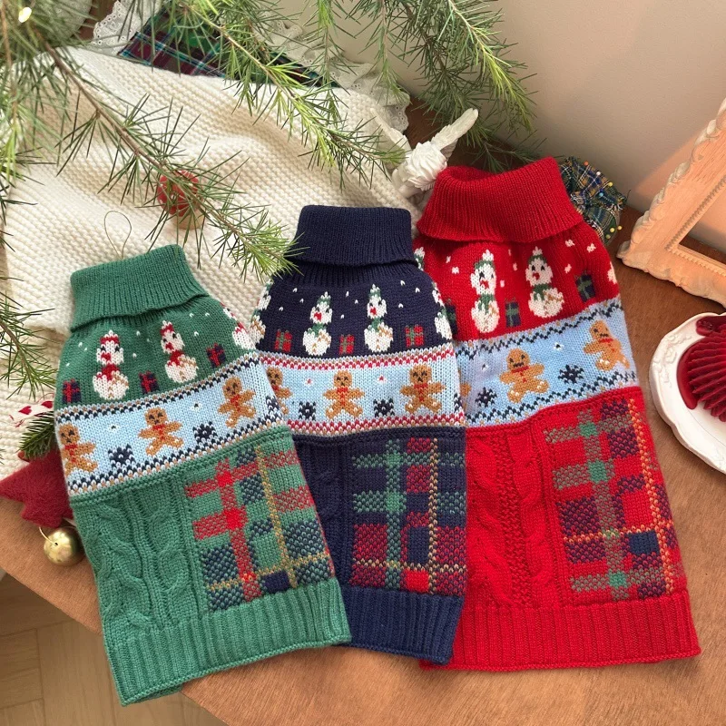 Ropa navideña de punto para perros, suéter de muñeco de nieve para mascotas, ropa cálida de invierno de Pomerania, jersey de dibujos animados de peluche, chaquetas para cachorros - imagen 3