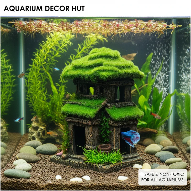 Decoración de acuario arquitectura antigua casa madera peces y gambas - imagen 3