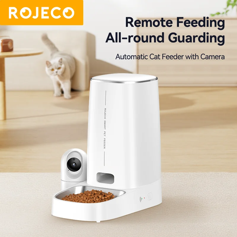 ROJECO-comedero automático para gatos, 4L, con cámara de vídeo, dispensador de comida para gatos, WIFI, llamadas de voz inteligentes, alimentador automático para gatos, perros y mascotas