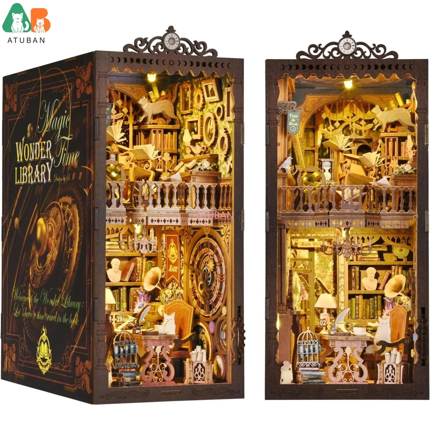 ATUBAN Kits de rincón de libros DIY, rompecabezas de madera 3D, kits de modelos de sujetalibros decorativos con inserción de estantería con LED, Kit de casa de muñecas Diorama DIY - imagen 2