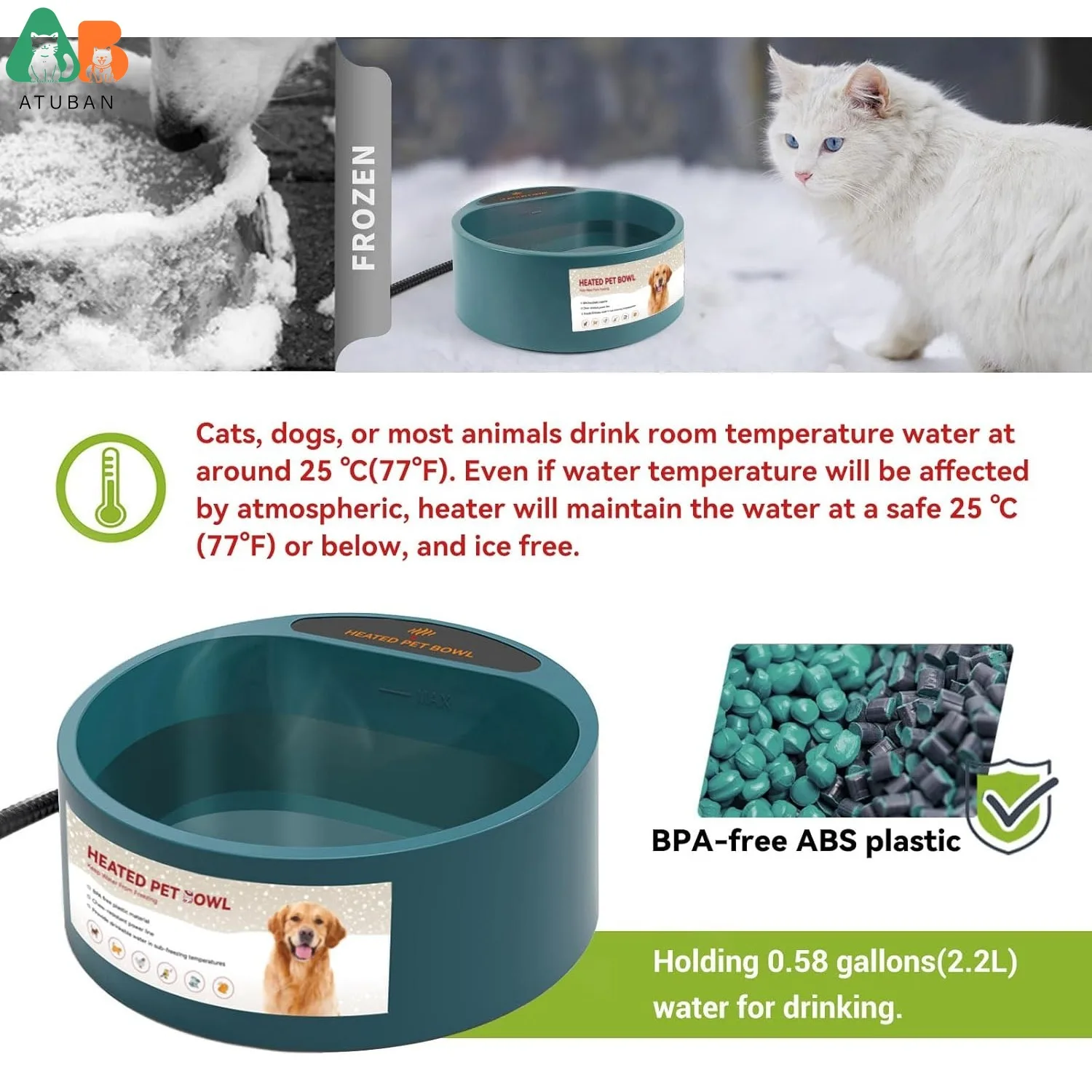 ATUBAN-cuenco de agua calentada para gatos al aire libre, cuenco para perros calentado de 2,2 L, proporciona agua potable en invierno, bebedero calentado para mascotas para conejos - imagen 3