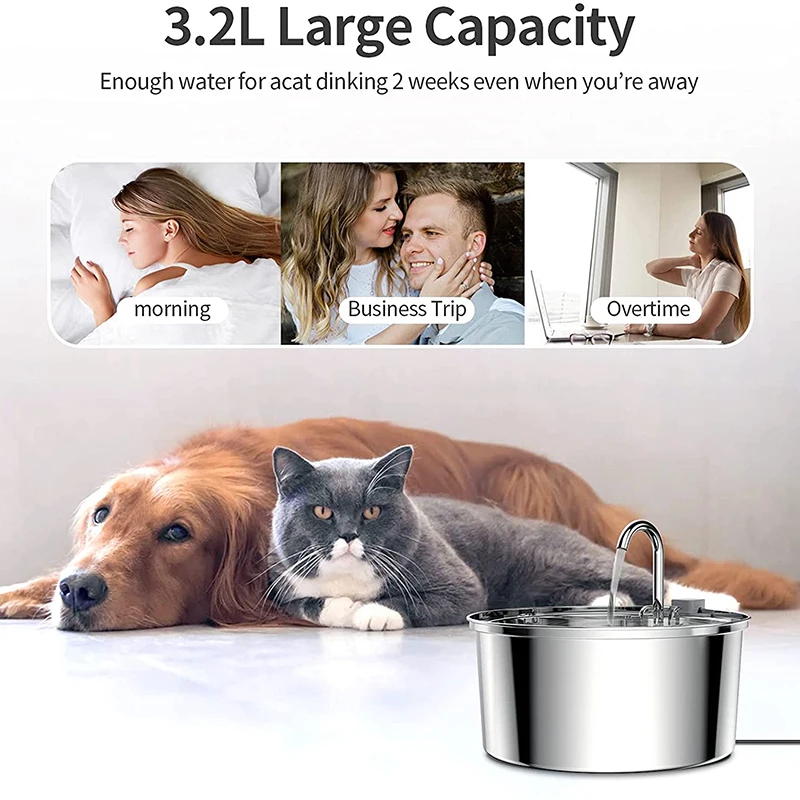 Dispensador de agua automático para gatos de 3,2l, alimentador de agua de inducción inteligente para mascotas, USB con filtro, alimentador para perros de acero inoxidable, suministros para mascotas - imagen 4