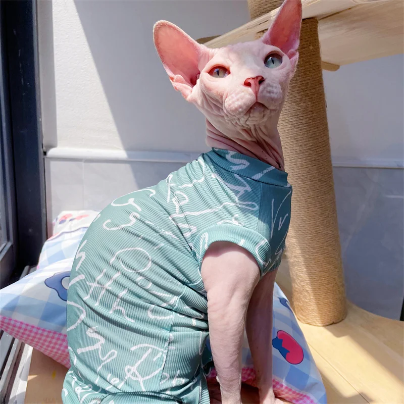 Chaleco de tela fresca de 4 patas para Sphyinx Cat Summer Beige Verde Camiseta para gatitos machos Perros Abrigo suave para Devon Rex Cat Prodcut - imagen 2