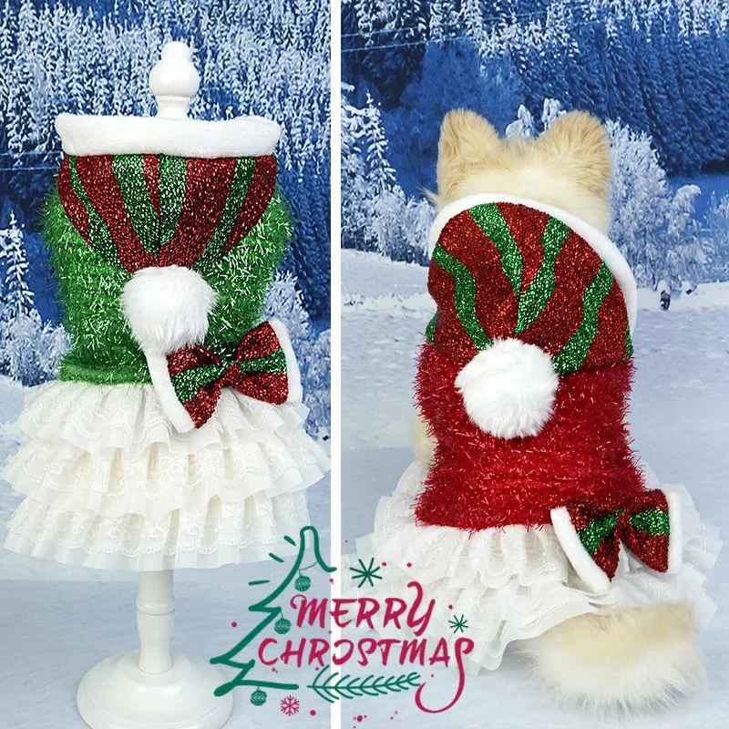 Traje de vacaciones para perros pequeños y medianos, vestido navideño para perros, diseño de rayas brillantes con lazo y pompón, ropa festiva con pompones para - imagen 2