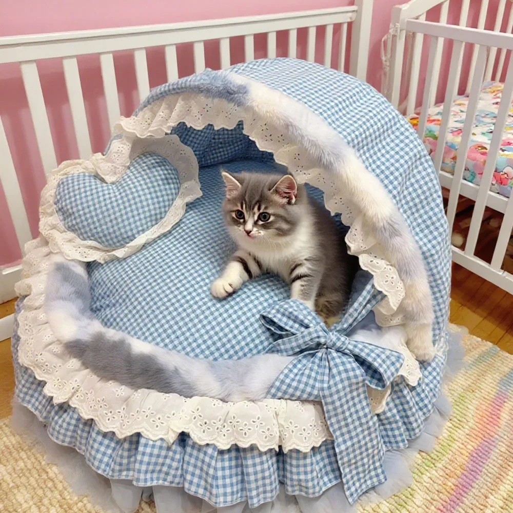 Nido para mascotas de algodón puro de estilo nórdico, nido de seguridad para gatos semicerrado cálido, casa para mascotas engrosada, suministros para perros y gatos