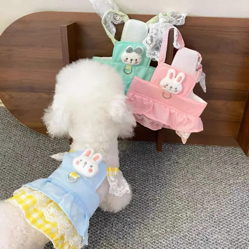 Lindo vestido de princesa de conejo de verano para mascotas, arnés para perros pequeños, camiseta sin mangas fina a cuadros de verano, ropa para perros pequeños
