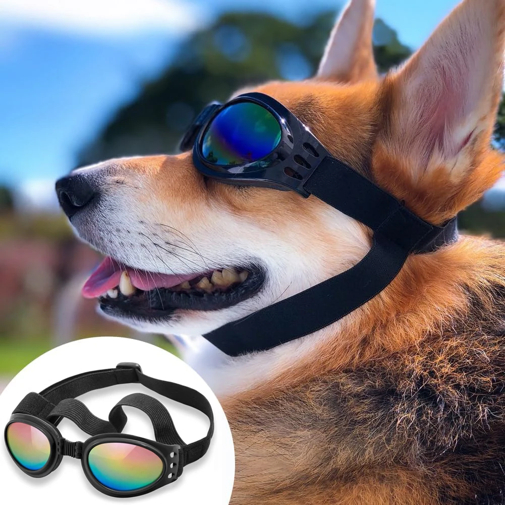 Gafas de sol para perros, gafas para perros medianos y grandes, protección contra la niebla y el viento, gafas para mascotas con correa ajustable para senderismo en coche