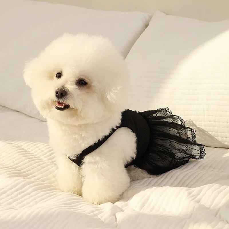 Vestido de princesa de perro de lujo, falda de encaje para cachorro blanco y negro, ropa para perros, tirantes para mascotas, chaleco refrescante, disfraces de Chihuahua Bichon - imagen 4