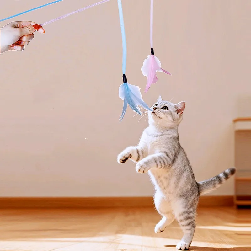 Cat Toys Feather Sticks Cat Toys Interactive Feather Toy for Cats Teasing Long Handle Stick Cats Toy with Bell Pet Supplies - imagen 2