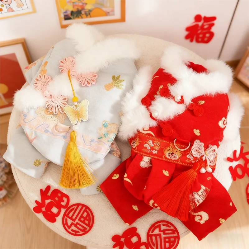 Ropa para perros de estilo chino, mono para perros de Año Nuevo, chaqueta cálida para cachorros, abrigo, peleles de gato con borlas de lujo, monos para mascotas, disfraz para perros