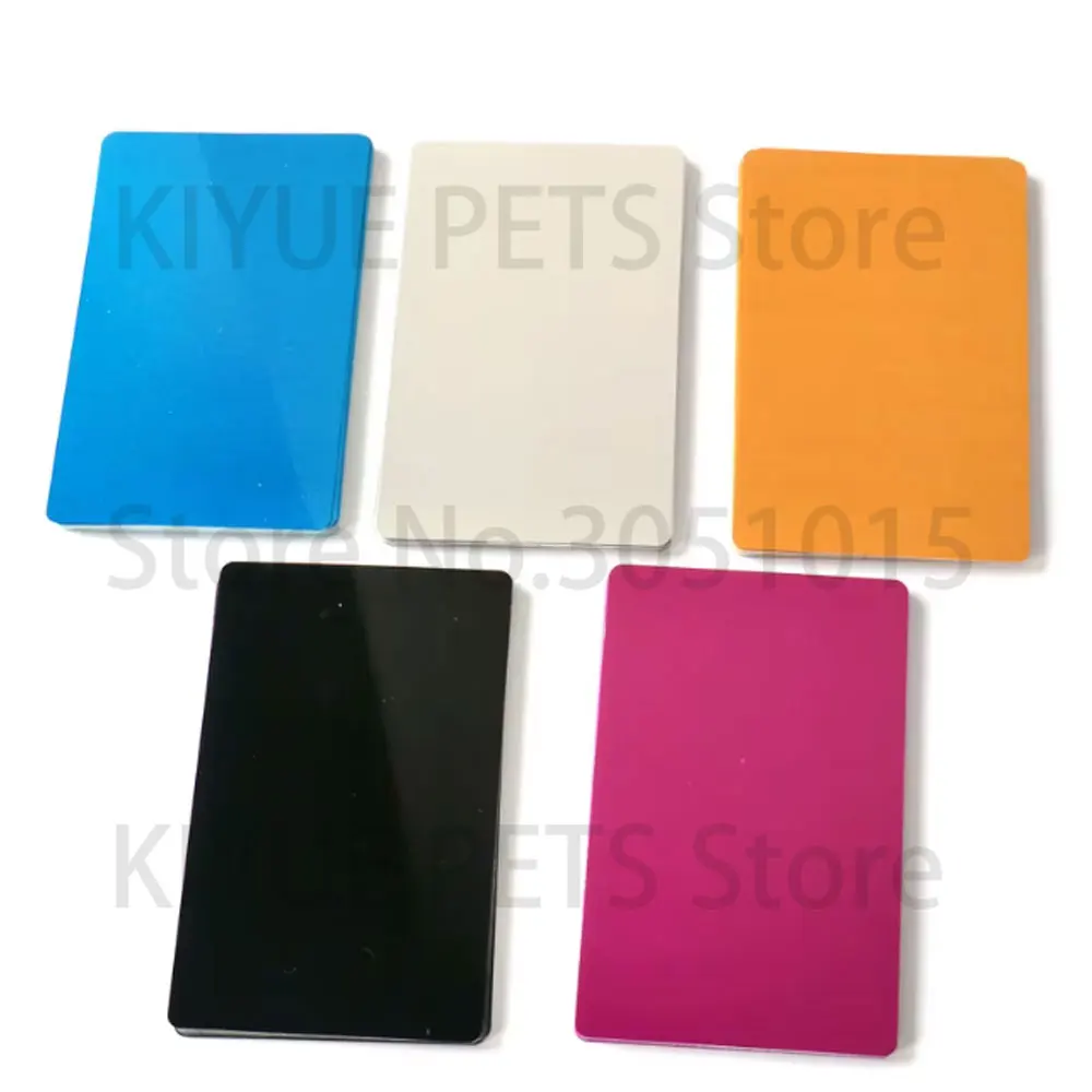 Venta al por mayor, 100 Uds., placa de nombre, tarjeta de aluminio, etiqueta de identificación de perro, tarjetas de visita de negocios de Metal grabadas con láser, etiquetas en blanco, negro y plateado