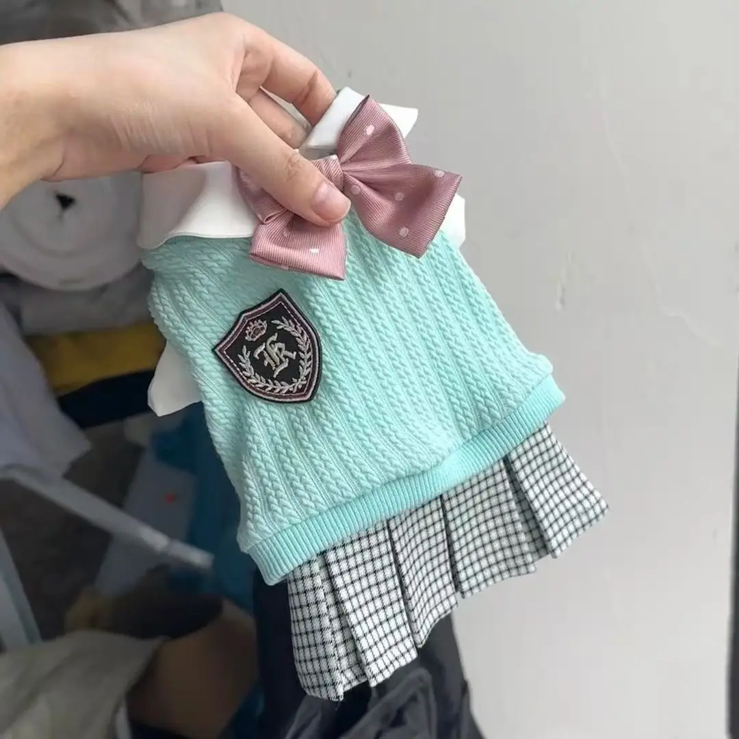 Vestido universitario de otoño e invierno, suéter para mascotas, vestido a cuadros para mascotas, ropa para perros pequeños y gatos, pajarita bonita, ropa para perros pequeños