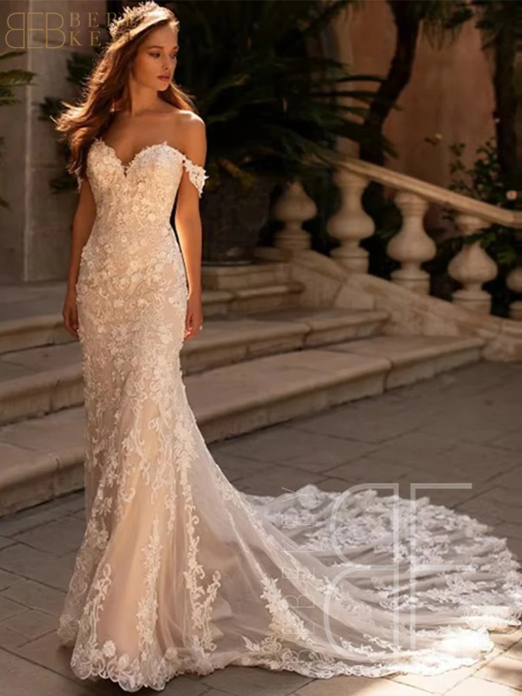 BEBEKEY elegante vestido de novia de encaje personalizado fuera del hombro sirena vestido de fiesta de boda vestidos de novia vestidos formales - imagen 4