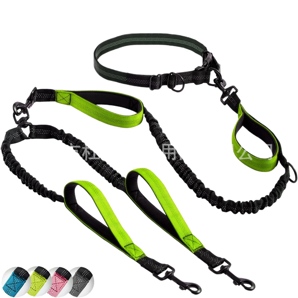 Correa doble para perros medianos/grandes, cinturón ajustable con puntadas reflectantes, Control Dual para caminar y correr