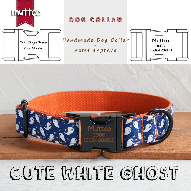 Collar de perro con hebilla de metal grabada MUTTCO, collar con etiqueta de identificación de perro personalizado con fantasma blanco bonito, placa de identificación de 5 tamaños, antipérdida para mascotas UDC212