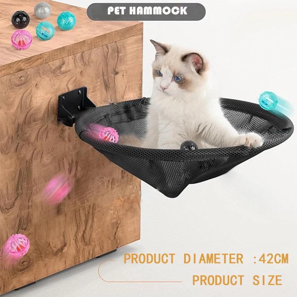 Hamaca redonda tipo pared para gatos, malla negra transpirable y cómoda, felpa blanca, suave y duradera, descanso y ahorro de espacio para gatitos - imagen 4