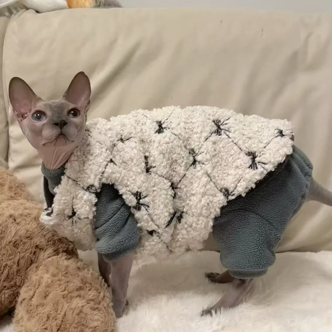 Dulce traje de invierno para gatas gruesas 4 patas Abrigo polar gris grueso de 4 patas Chaqueta de chaleco con lazo blanco para gatitos Mono suave para gato sin pelo - imagen 2