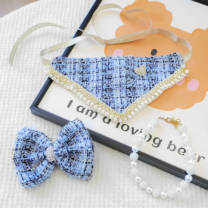 Kit de accesorios para perros azules, vendaje Triangular, horquilla con lazo, Collar de perlas, conjunto para perros pequeños, bufandas, Collar con babero, accesorios para mascotas, productos - imagen 4