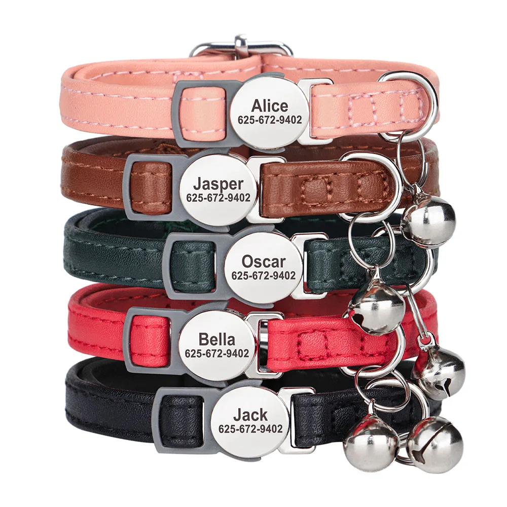 Collar de gato personalizado de cuero PU, Collar de seguridad para gato, ajustable, con placa de identificación grabada gratis, regalo de campana - imagen 2