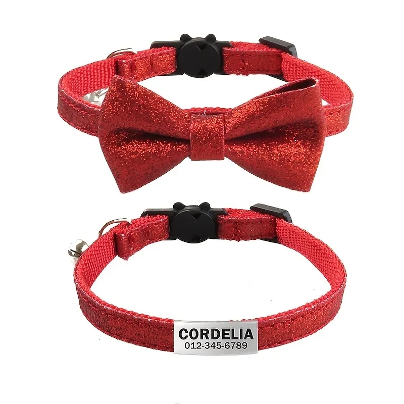 Collar de perro con purpurina estilo inglés personalizado, collares sólidos personalizados para mascotas con lazo grabado, etiqueta de nombre de identificación, accesorios para mascotas - imagen 3