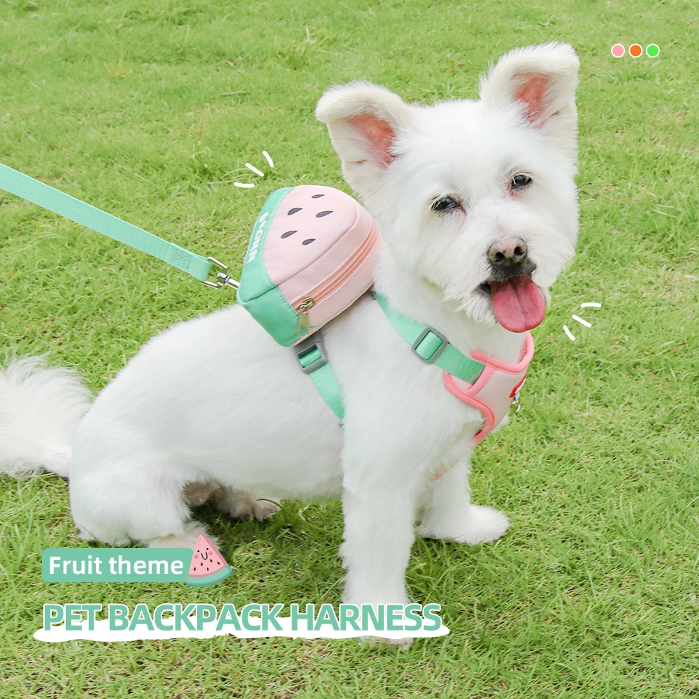 Lindo conjunto de correa para el pecho para mascotas con mochila de frutas, cuerda de tracción con correa para el pecho para mascotas transpirable suave antideslizante, correa para el pecho para mochila para perros y gatos - imagen 4