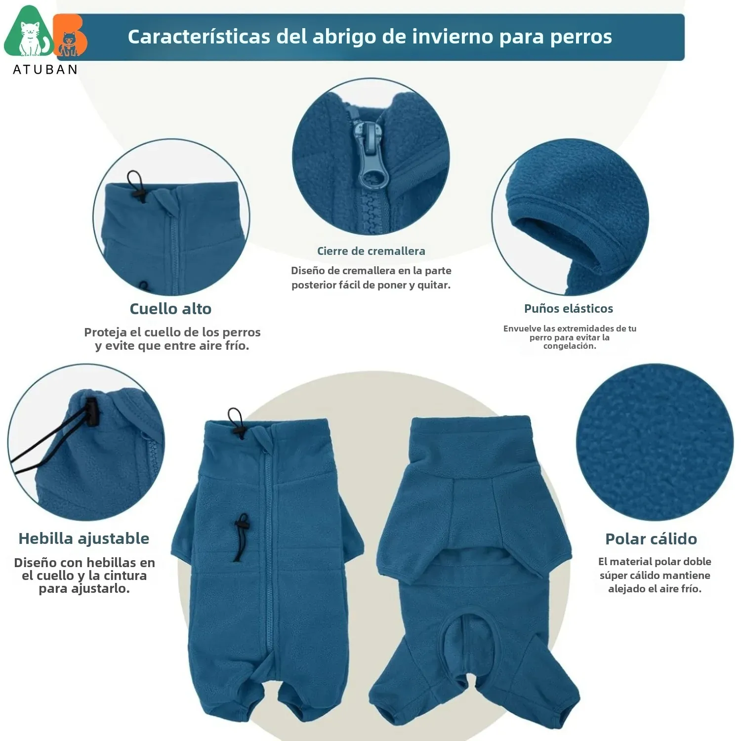 ATUBAN Abrigo de invierno para perros, jersey de lana suave, pijamas, chaqueta cálida a prueba de viento para mascotas, chaleco, mono acogedor, ropa - imagen 3