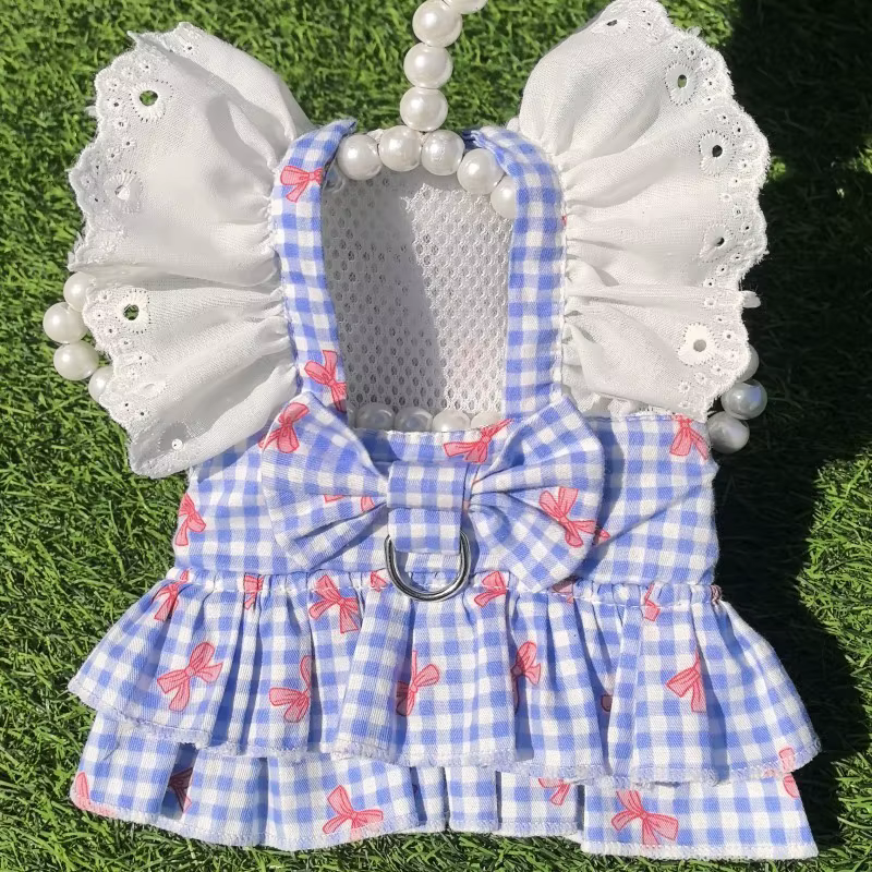 Vestido de verano con lazo azul para Chihuahueyo – Malla transpirable con arnés integrado - imagen 3