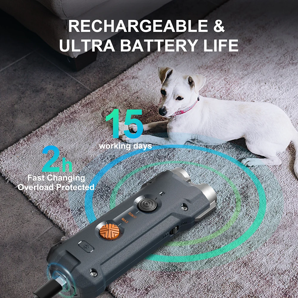 Repelente de perros ultrasónico recargable tipo C, dispositivo de entrenamiento portátil antiladridos, repelente ultrasónico de perros con linterna LED - imagen 4