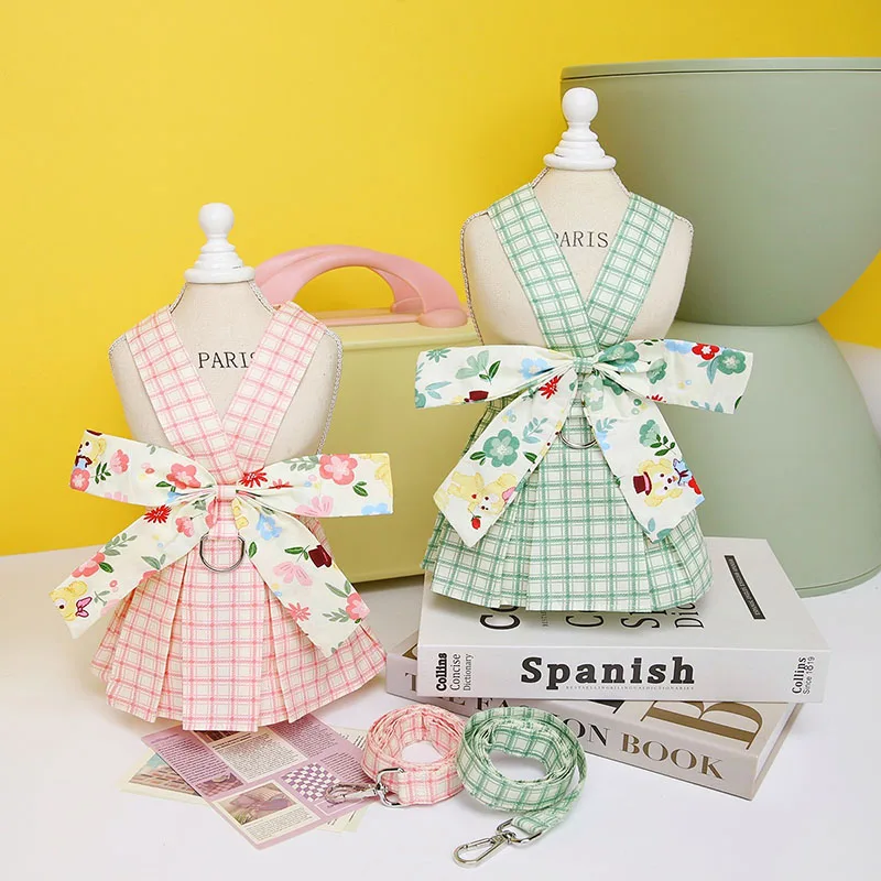Conjunto de falda con correa para perro pequeño y mediano, chaleco de arnés para gato, cachorro, gatito, vestido con lazo, Chihuahua, Pug, Teddy, correa de plomo para caminar al aire libre - imagen 4