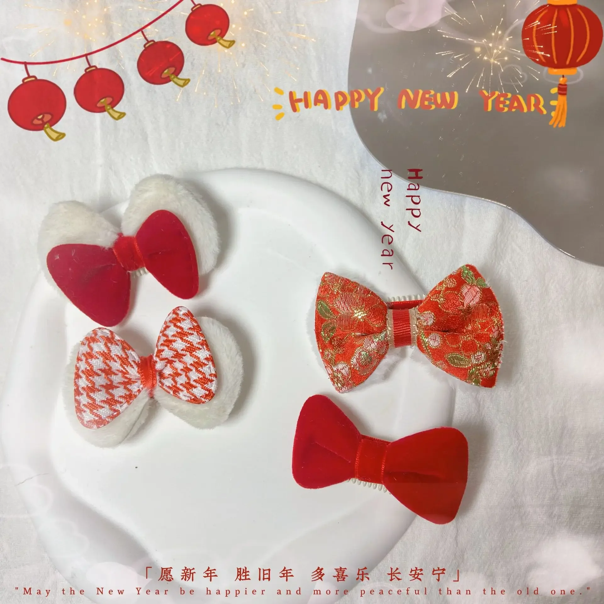 Gorros navideños para mascotas, Clip BB para mascotas, Clip de pelo a cuadros de conejo de terciopelo con diamantes dorados, accesorios para perros y gatos para Festival de Primavera - imagen 2