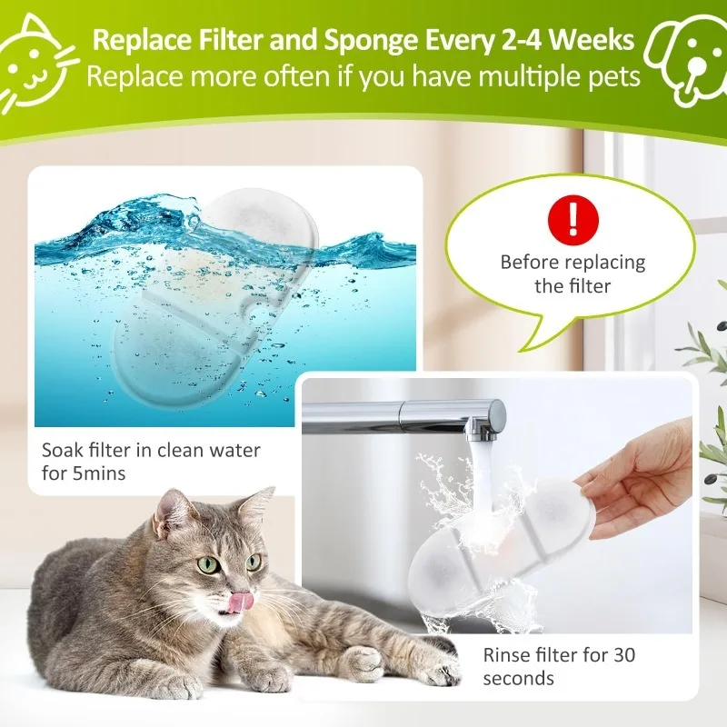 Filtros de fuente de agua para gatos, cápsula de 71oz/2,1 L, fuente para mascotas sin BPA, 4 filtros de repuesto con 4 esponjas de prefiltro - imagen 5