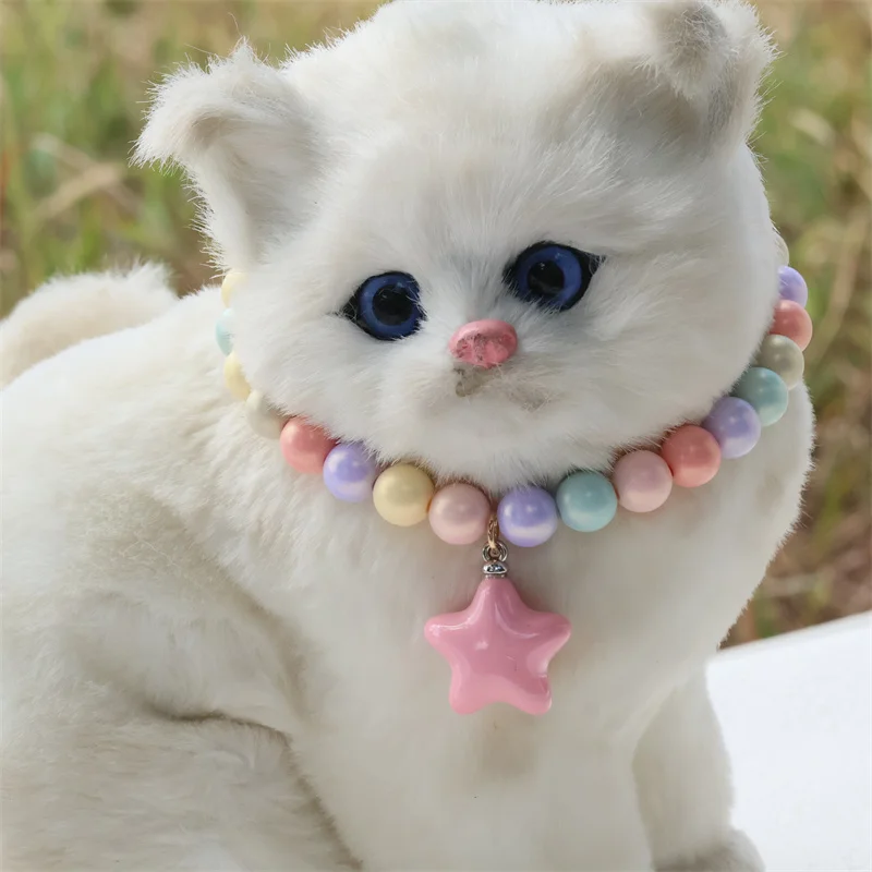 Collar de perro elástico hecho a mano, ajustable, con colgante de pentagrama de flor, cadena de cola de langosta de aleación, Collar para mascotas para gatos - imagen 5