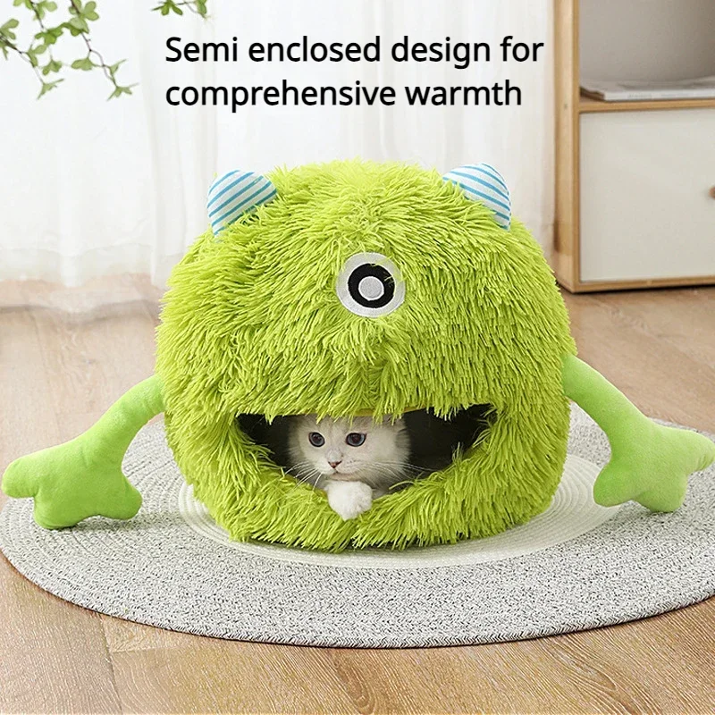 Cama para mascotas, nido de gato cálido de invierno, monstruo de peluche, Villa para mascotas, gatos semicerrados desmontables, casa para mascotas de dibujos animados, 1 ud. - imagen 3