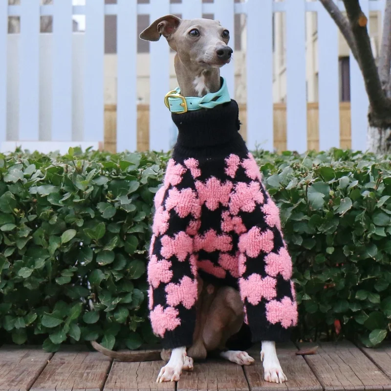 Clothing for Italy Greyhound in Winter Rose Pink High-Neck Floral Sweater for Female Dogs Long Sleeves Warm Coat for Wellington - imagen 4