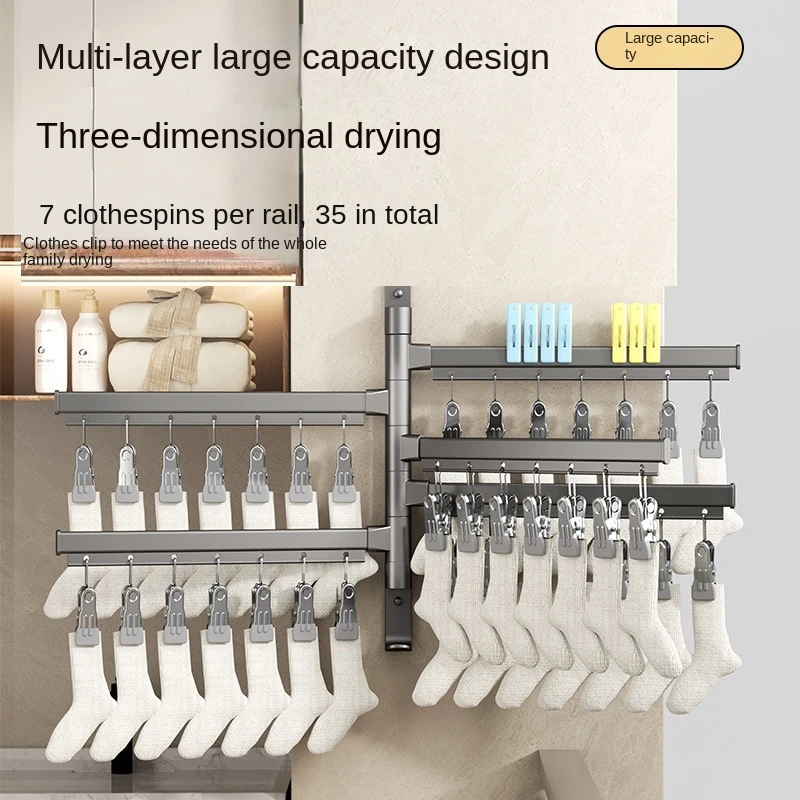Ganchos de pared para baño, estante de secado de calcetines plegable y giratorio, balcón, ropa interior para el hogar, ganchos multifuncionales, barra de toalla, colgador - imagen 2
