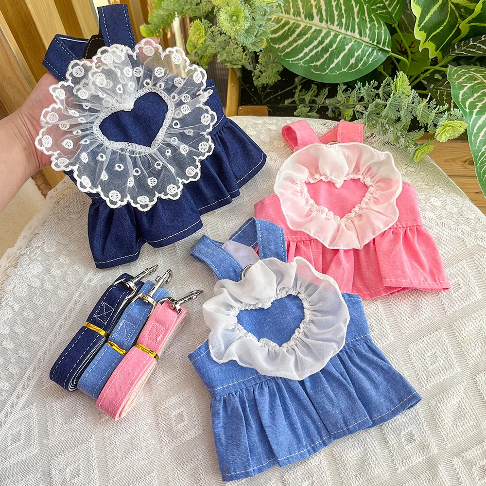 Falda de princesa de primavera para mascotas, falda con tirantes de vaquero de amor de encaje, ropa para perros pequeños y medianos, ropa para cachorros y gatos de peluche para perros pequeños - imagen 2