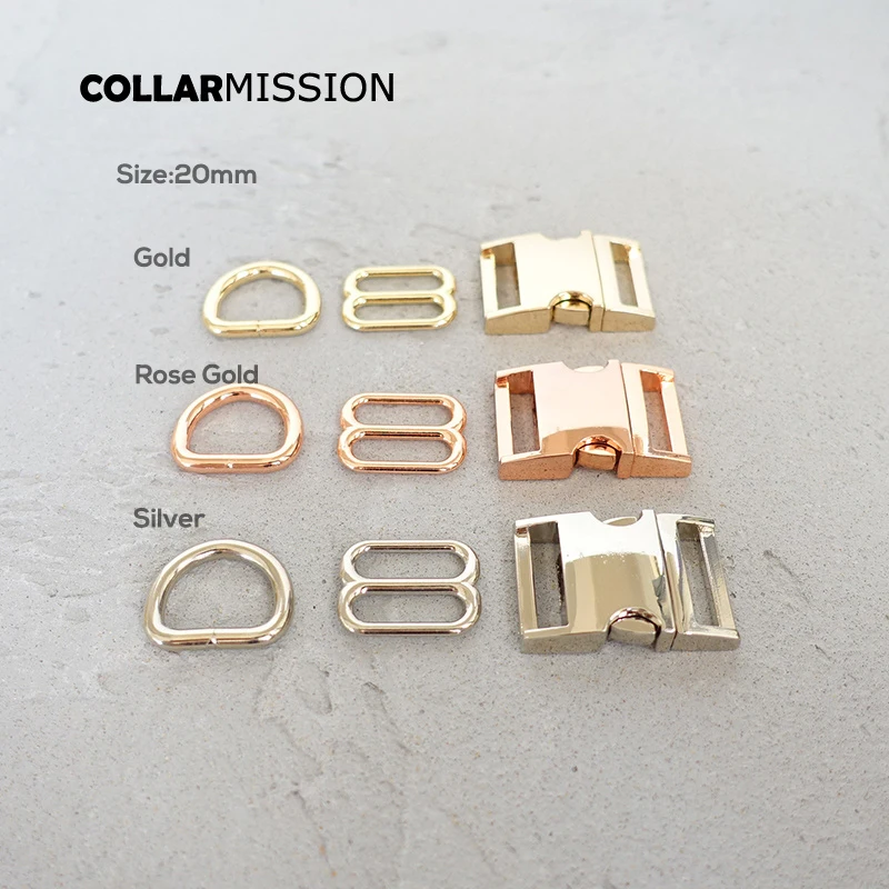 10 juegos de hebilla de Metal chapada en aleación de Zinc, anillo D ajustable para collares de perro DIY, 15mm, 20mm, 25mm, accesorios para mascotas de tres colores