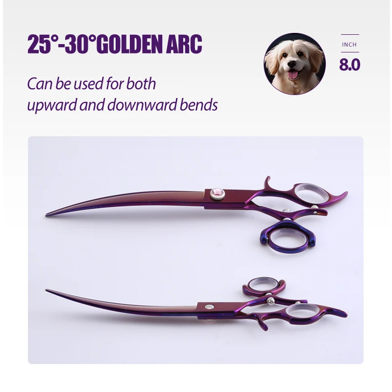 Fenice-Tijeras profesionales para perros JP440C, 8 pulgadas, mango giratorio de 360 grados, giratorias, color morado, rectas, curvadas, para aseo de mascotas - imagen 5