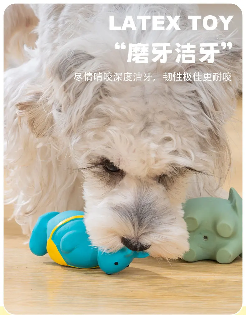 Perro pequeño jugando con el dinosaurio de látex
