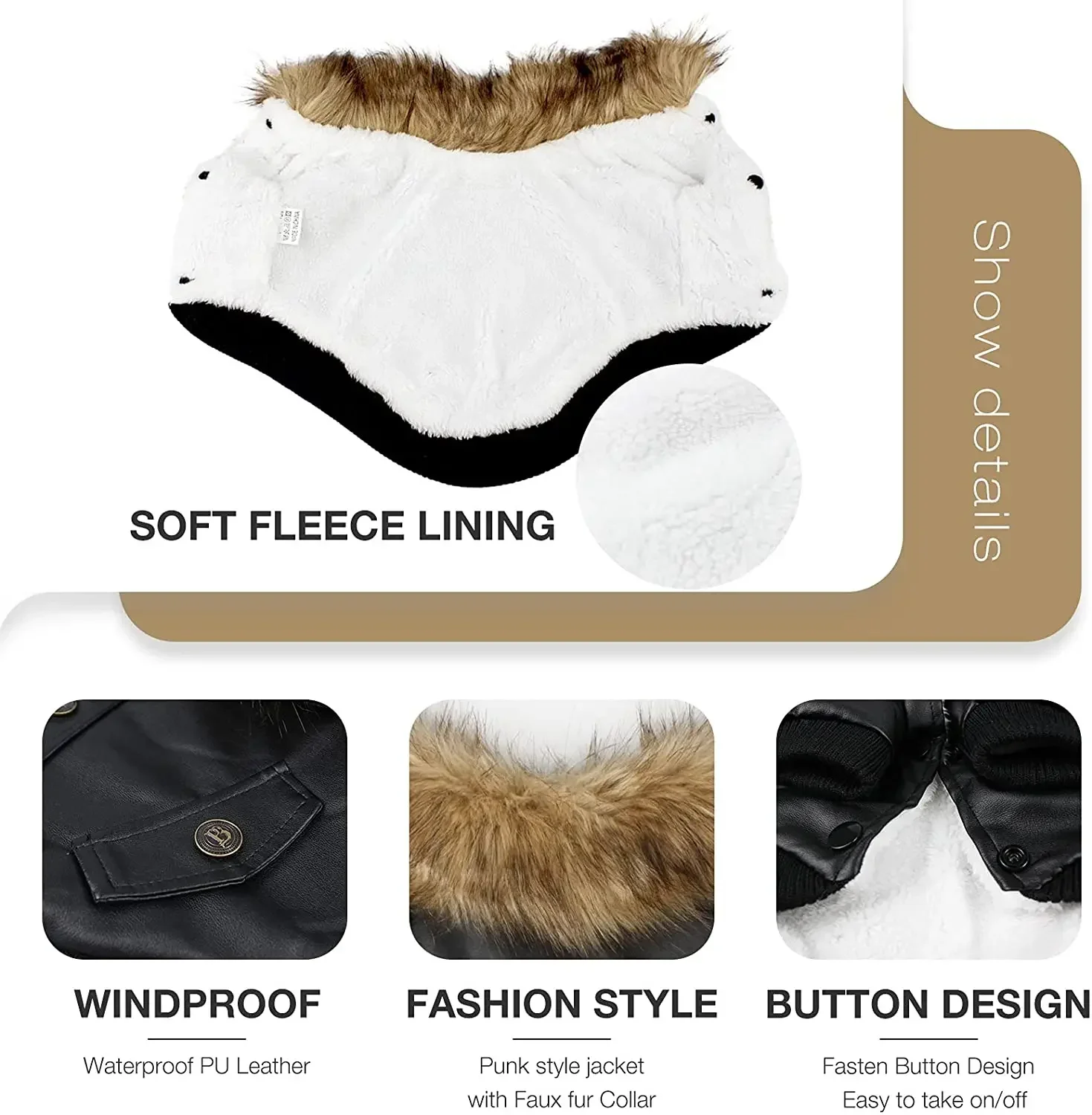 Abrigos de cuero PU para perros, abrigo impermeable de invierno para perros, chaquetas para cachorros, ropa para perros pequeños a medianos, ropa para mascotas, ropa para perros de invierno - imagen 3